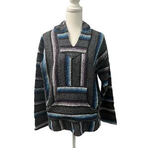 Iguana Jack Mexico Pullover Hoodie Gray Striped Beachwear Surfer Unisex Large